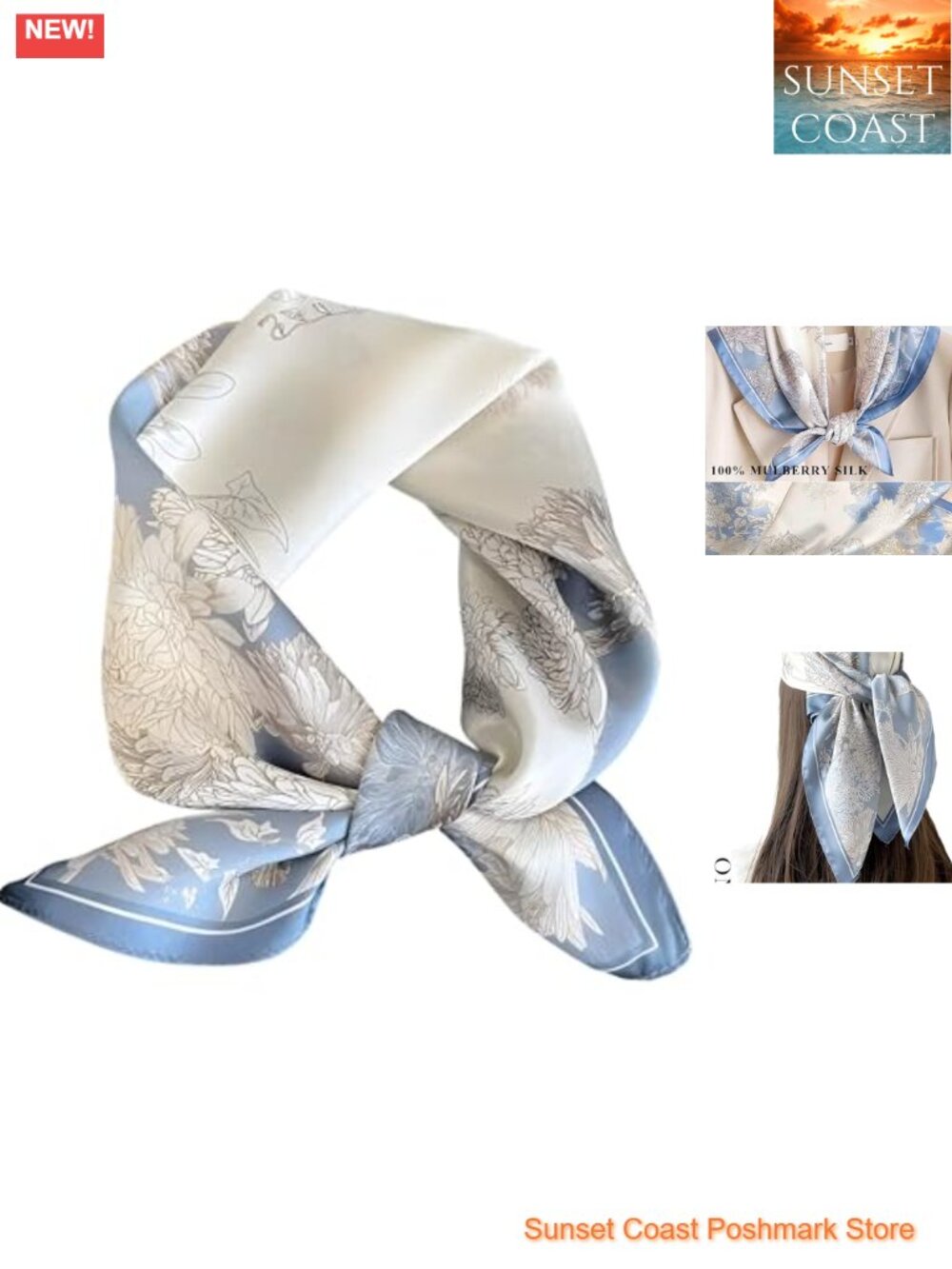 100% Mulberry Silk Lightweight Square Neckerchief Scarf 21"